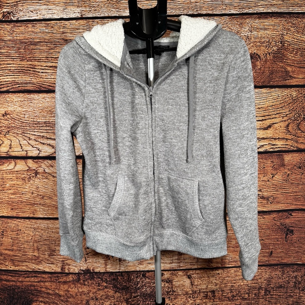 Almost Famous Womens Heather Gray Faux Shearling Lined Zip Up Hoodie XL